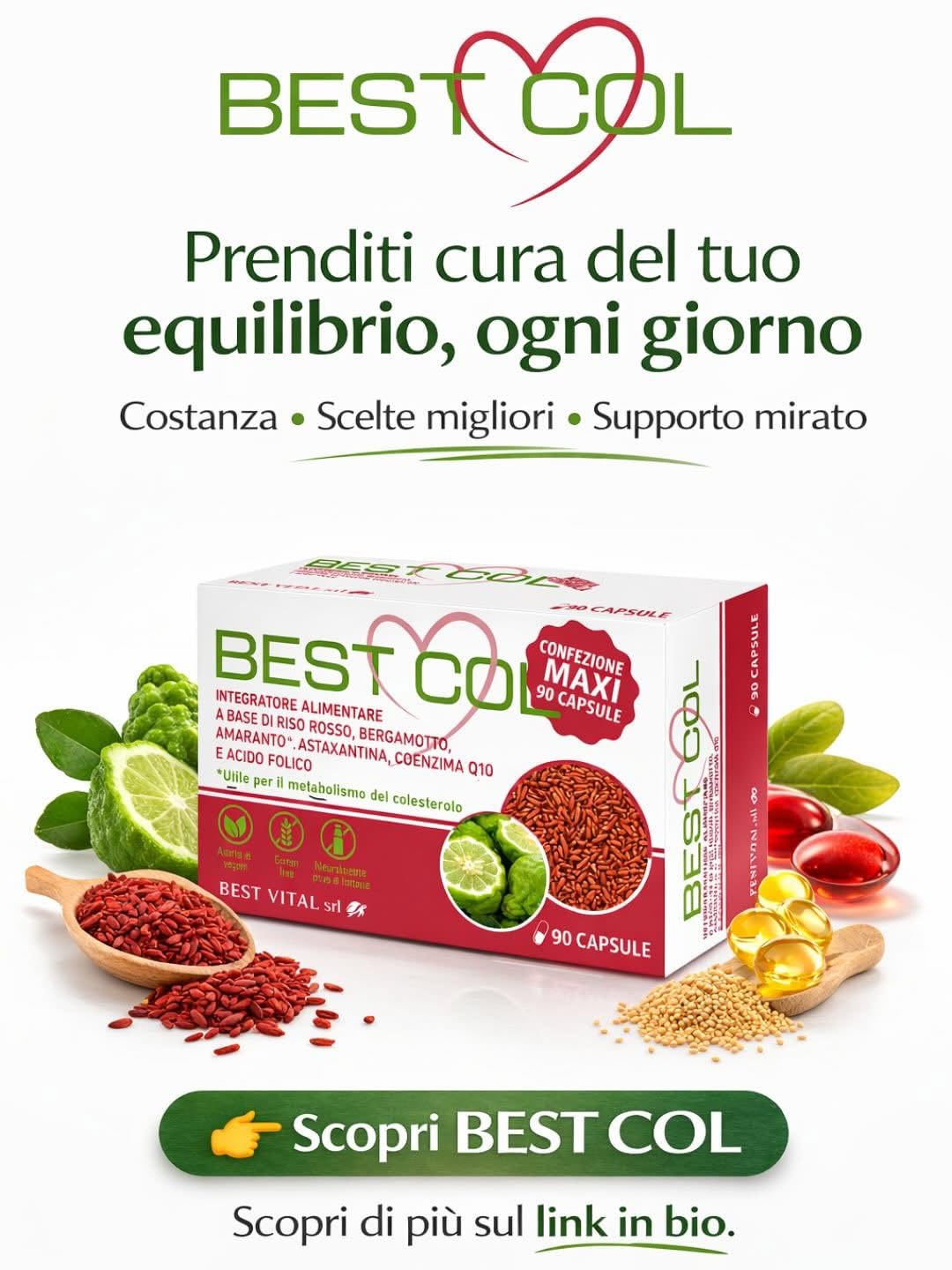 Best Col Nuova Formula - Integratore Alimentare a Base di Bergamotto, Amaranto, Astaxantina, Coenzima Q-10, Riso Rosso e Acido Folico. 90 Capsule