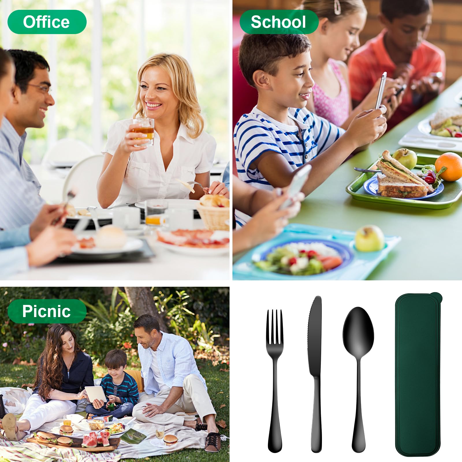 Tragbares Besteck-Set, Reiseutensilien-Set mit Etui, Reise-18/8 Edelstahl, Löffel und Gabel Set für Lunchbox, 3-teiliges Reisebesteck, ideal für Reisen, Camping, Büro