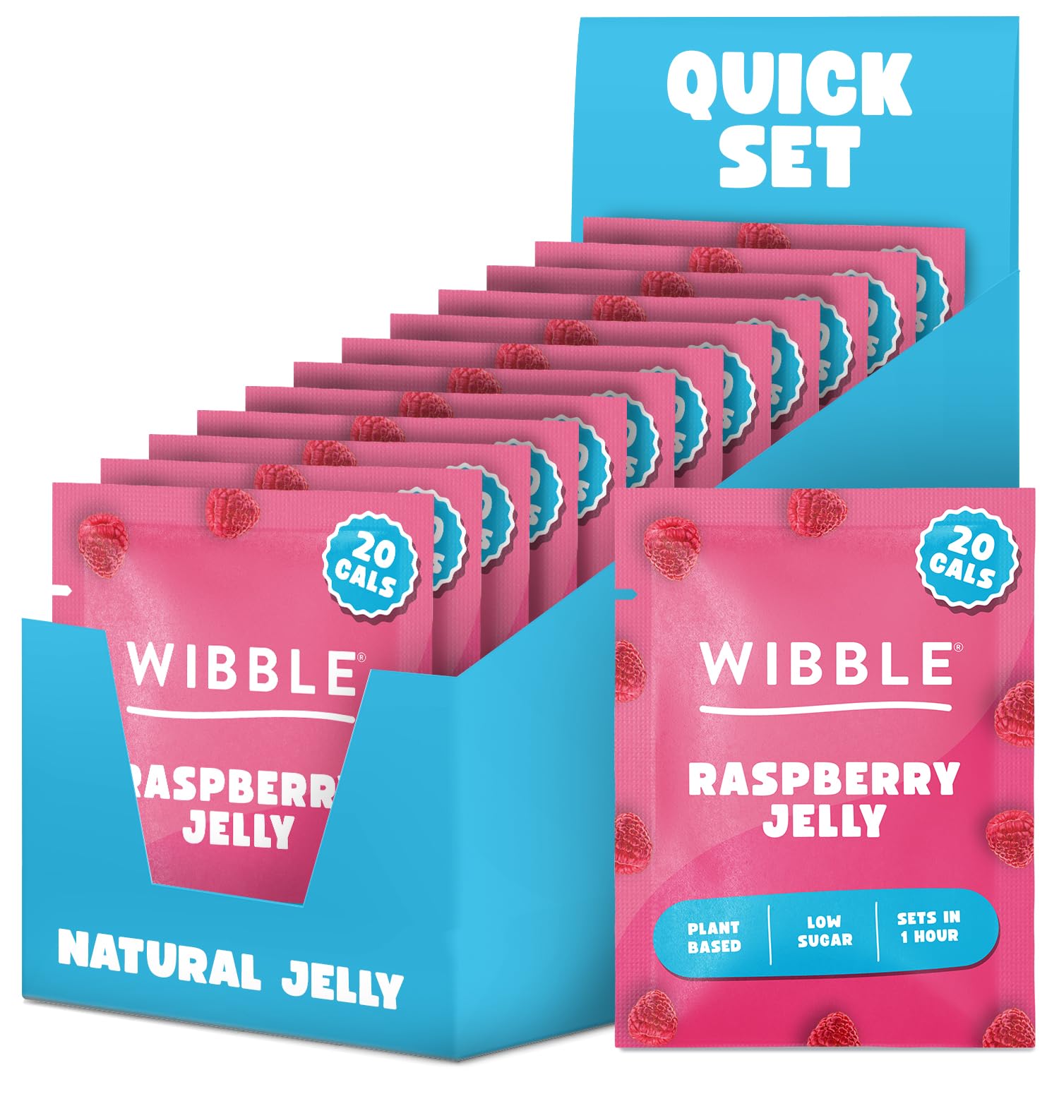 Wibble Jelly Crystals, Raspberry Natural Jelly Powders, Quick Set, 12 Pack, Jello, Low Sugar, Plant-Based, Low Calorie Snack, Healthy Dessert, Serves 4, Vegan Jelly Crystals, Vegetarian Jello Powder