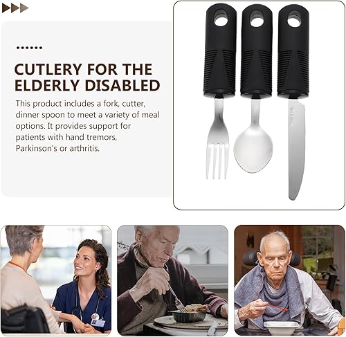 Miniatura 4 de Juego de utensilios adaptativos para personas mayores, cubiertos con peso de acero inoxidable con asas de goma antideslizantes, incluye cuchillo,