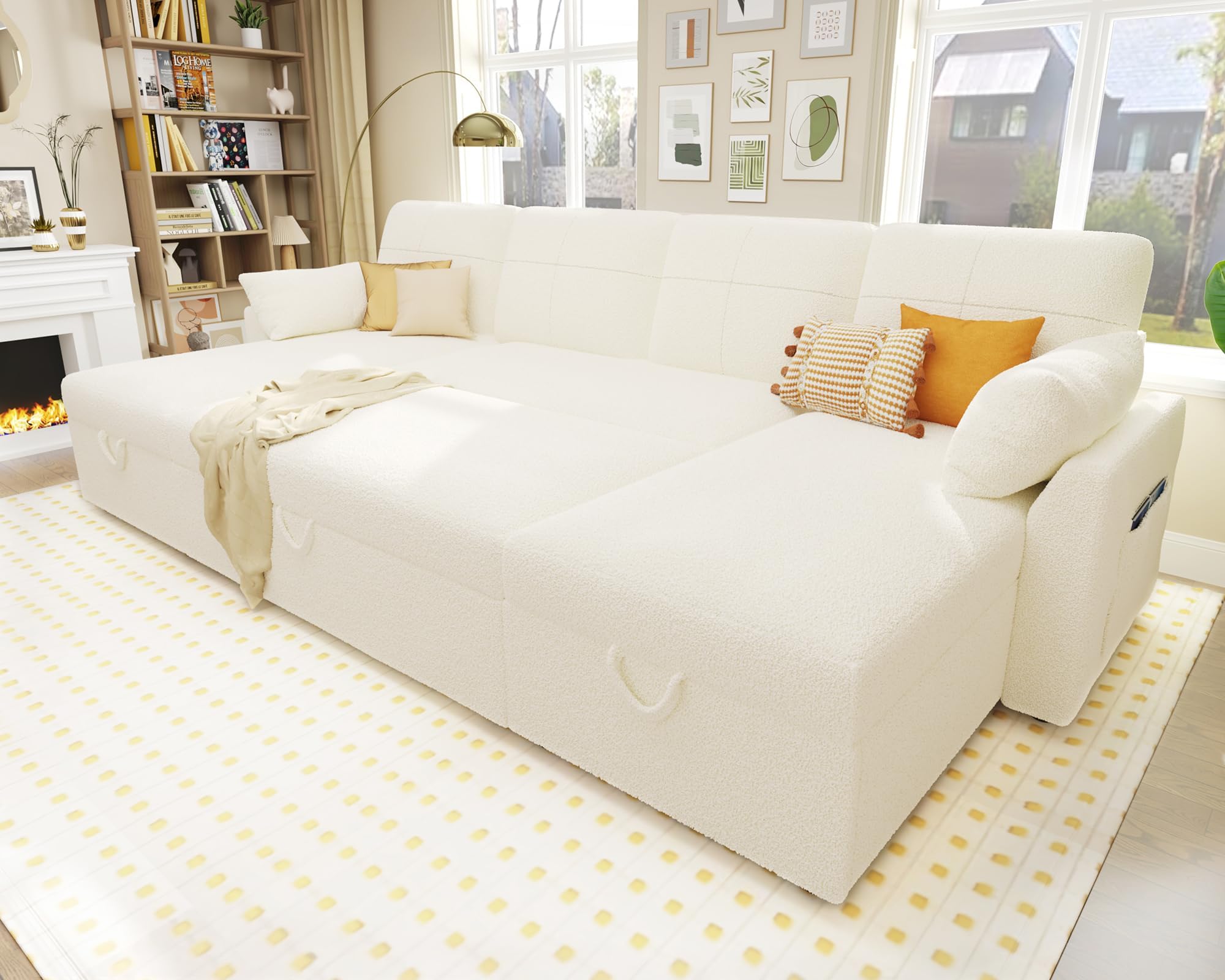 VanAcc Sleeper Sofa, 110 inch Oversize - 2 in 1 Pull Out Bed, Sectional Sleeper Sofa with Double Storage Chaise for Living Room, White Boucle Couch