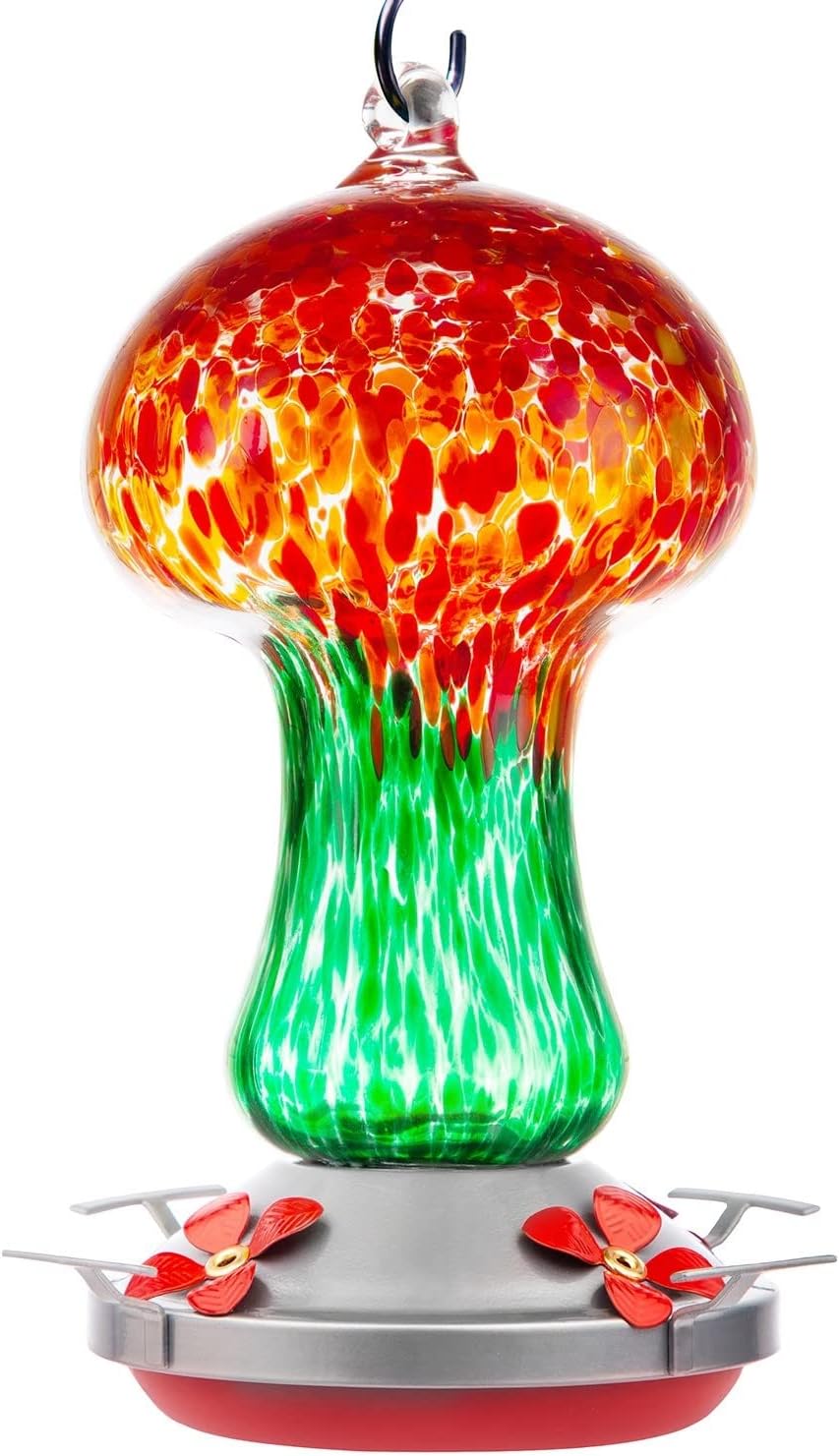 LaElvish Garden Hummingbird Feeders for Outdoors, 28 Ounces Hand Blown Glass Hummingbird Feeder for Outside, 4 Feeding Perch, with Ant Moat, Hanging Hook, Leakproof (Forest Mushroom)