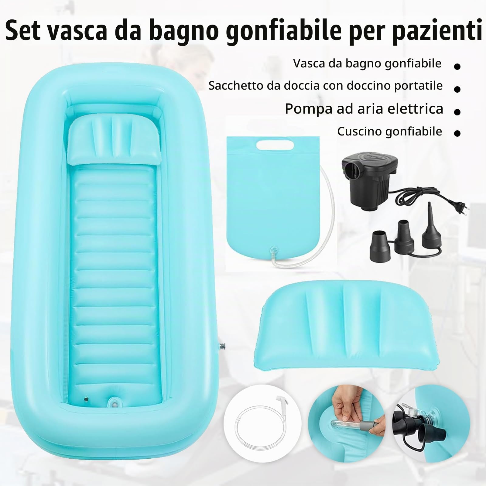Vasca per Doccia, Vasca da Bagno Gonfiabile, Set Vasca da Bagno Doccia Gonfiabile Medica, Sistema Doccia Portatile sul Comodino, Sistema Doccia con Pompa per Anziani/Disabili/Costretti a Letto