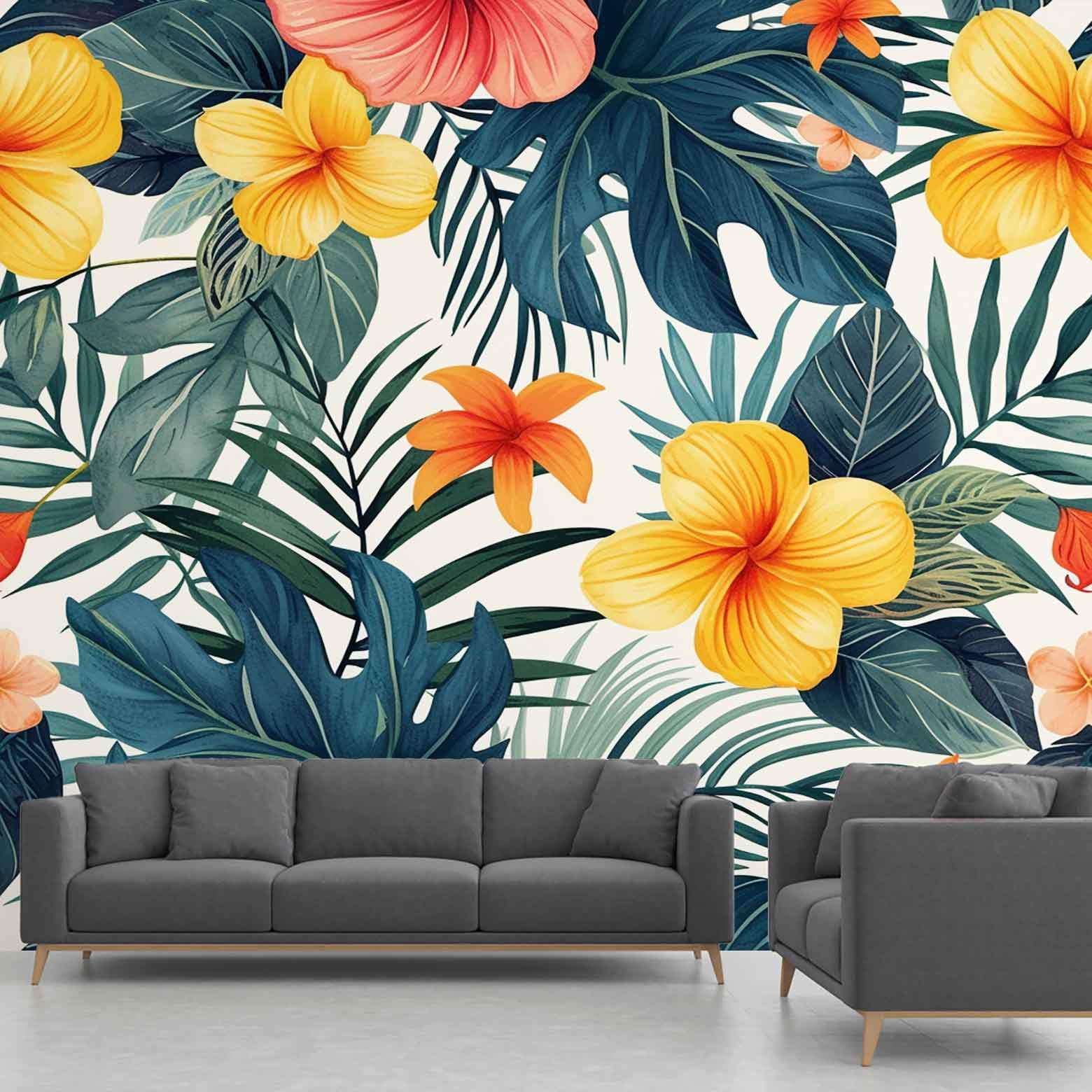 Plante tropicale en papier peint intissé pour un salon style jungle