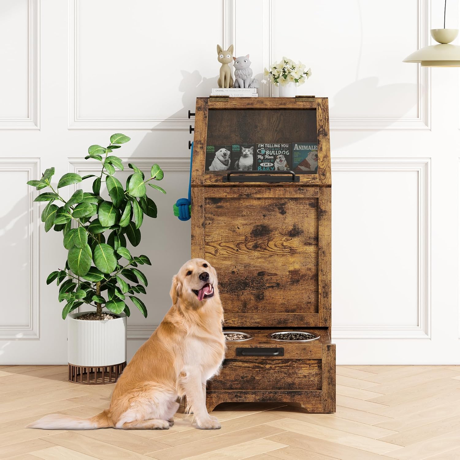 Comedero multifuncional para perros con armario de almacenamiento, cuencos elevados de acero inoxidable y ganchos para accesorios – Comedero de madera para perros y gatos para cocina o comedor