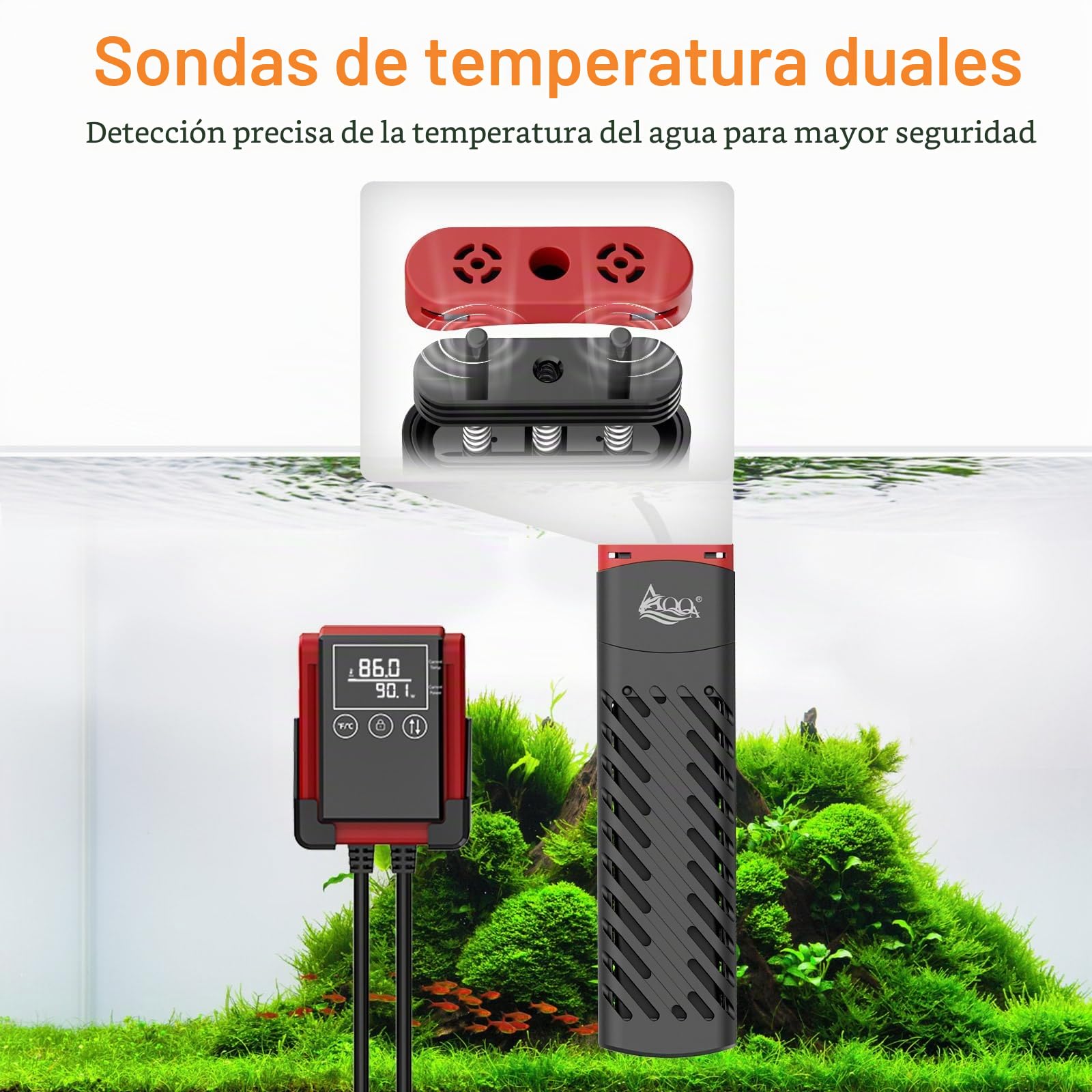 AQQA Calentador de acuario PTC de 800 W con controlador de termostato LED, calentador de acuario sumergible con cubierta protectora, protección contra sobretemperatura, para pecera de 300 a 880 L