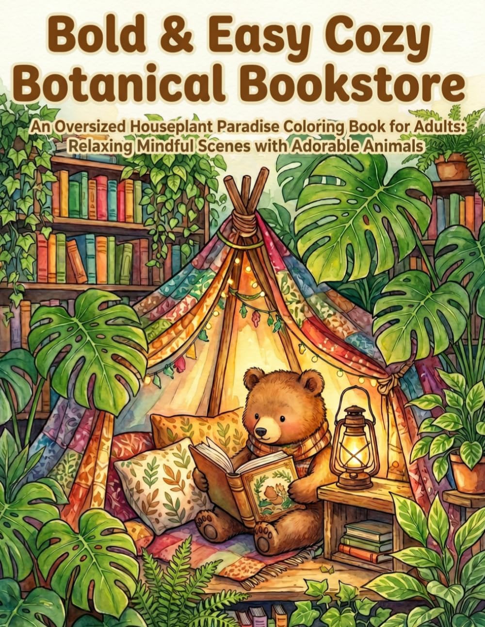 Bold & Easy Cozy Botanical Bookstore: An Oversized Houseplant Paradise Coloring Book for Adults: Relaxing Mindful Scenes with Adorable Animals