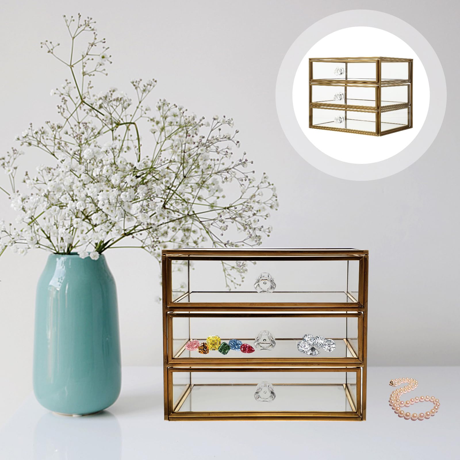 Estuche de Almacenamiento de Maquillaje Estructura de Aleación y Vidrio Diseño Transparente 3 Niveles Cajones Dorado para Joyas y Cosméticos