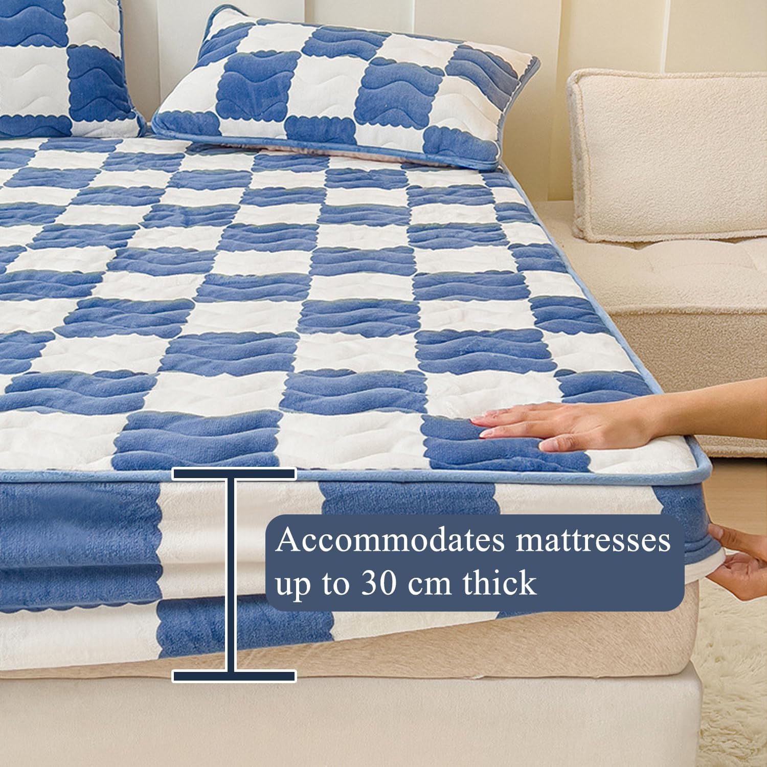 Milk Velvet Checkered Fitted Sheet Mattress Cover King Warm Thicken Mattress Protector Super Soft Bed Cover with Pillowcase Washable 12'' Deep Pocket Mattress Pad,Grey,180 * 200cm(King)