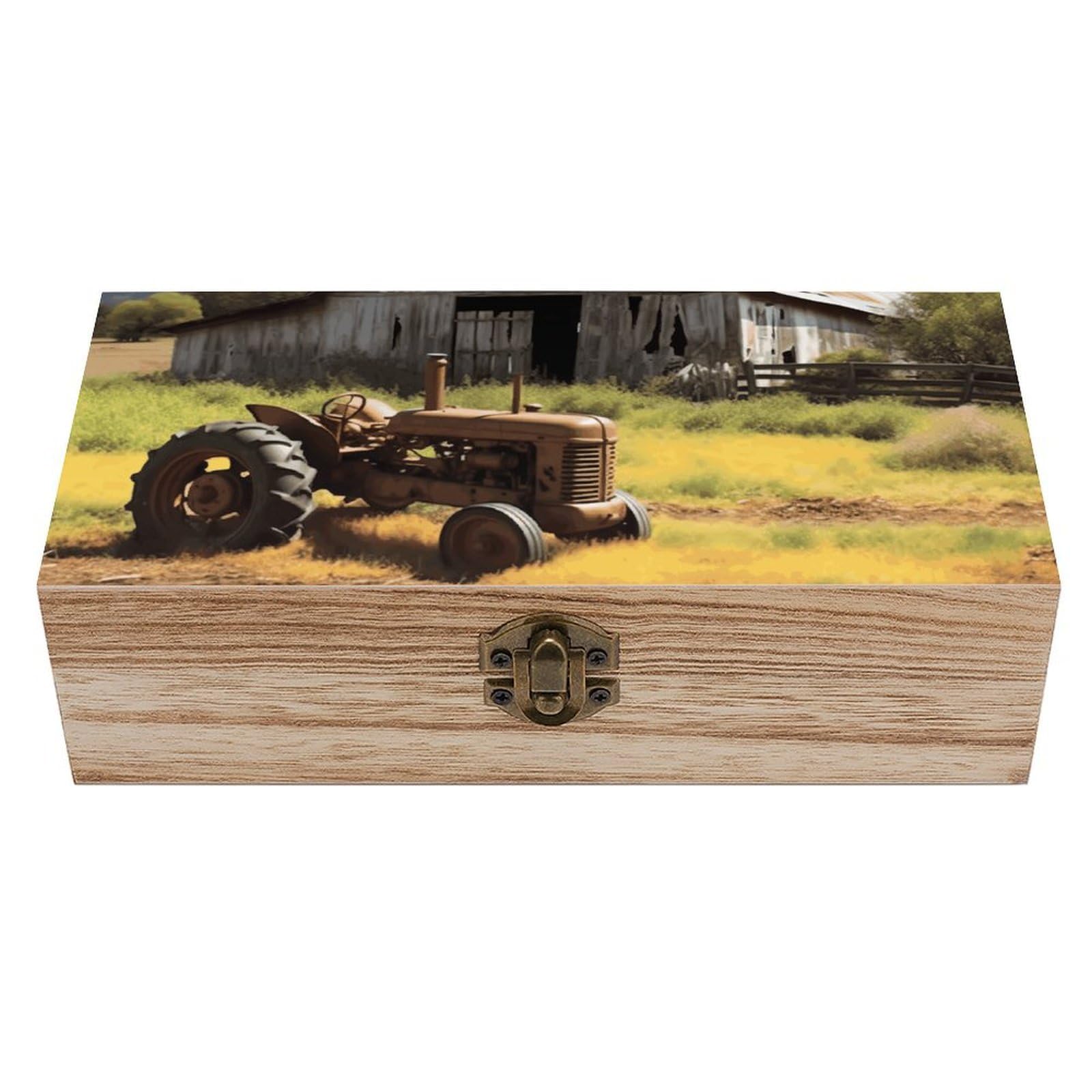 LZQPOEAS Old Wooden Barn with Rusted Tractor Wooden Storage Box Small Decorative Box with Hinged Lid Handmade Elegant Keepsake Storage Box for Jewelry, Photos, Trinkets, Letter Gifts, Small Heirlooms