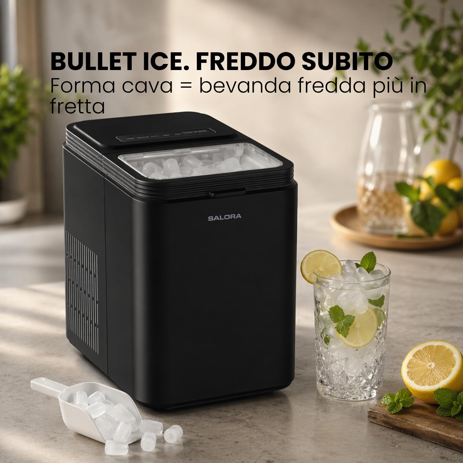 Salora ICEMAKER12B - Macchina per ghiaccio a cubetti, 12 kg/24h, 2 misure 6-9 min, serbatoio da 1,3 l, touch screen, compatta e portatile, con paletta per gelato, nero opaco