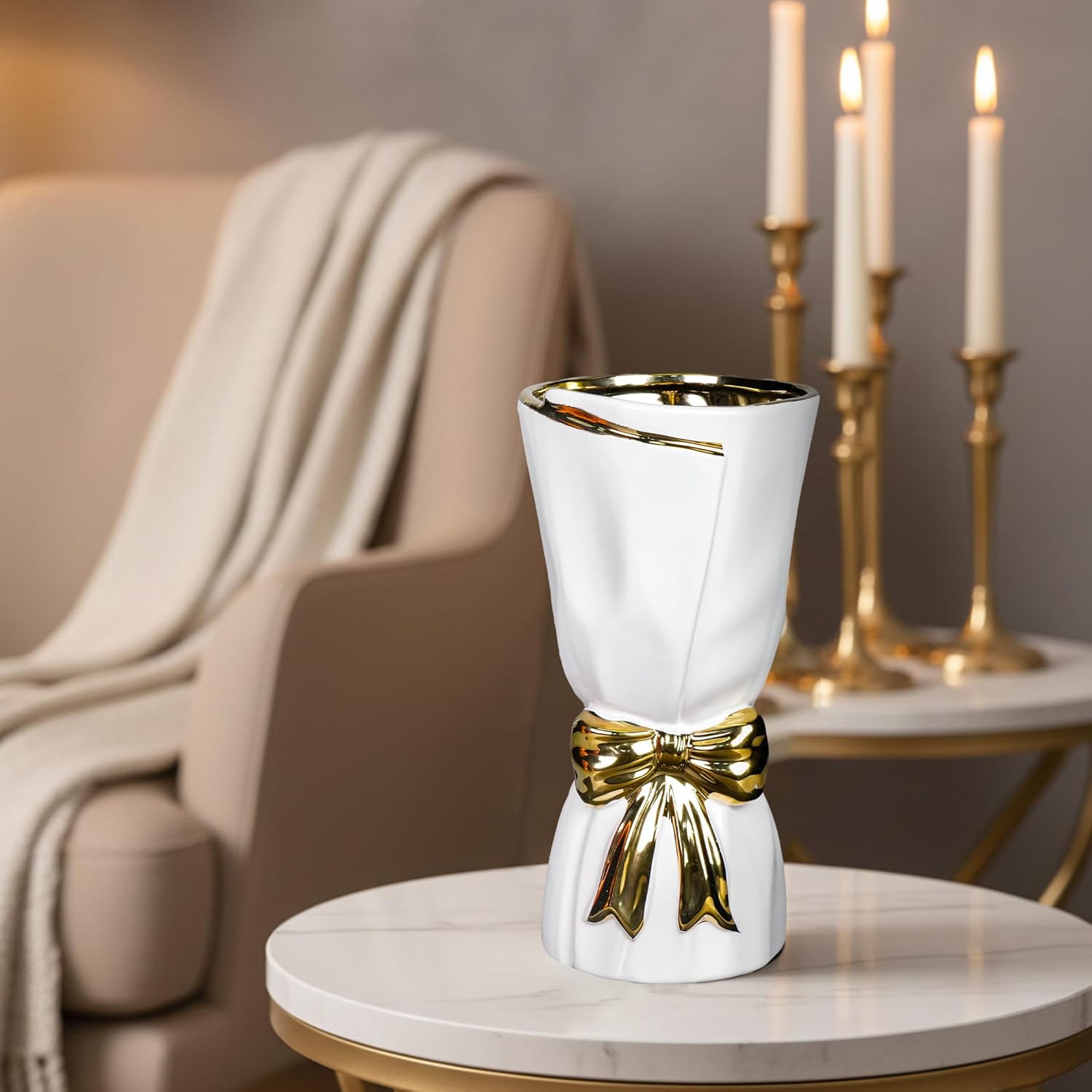 11 Inch White Ceramic Vase with Bow - Modern Boho Vase for Pampas Grass, Tall Decorative Vases Home Decor, Entryway Table, Living Room, Wedding Centerpiece