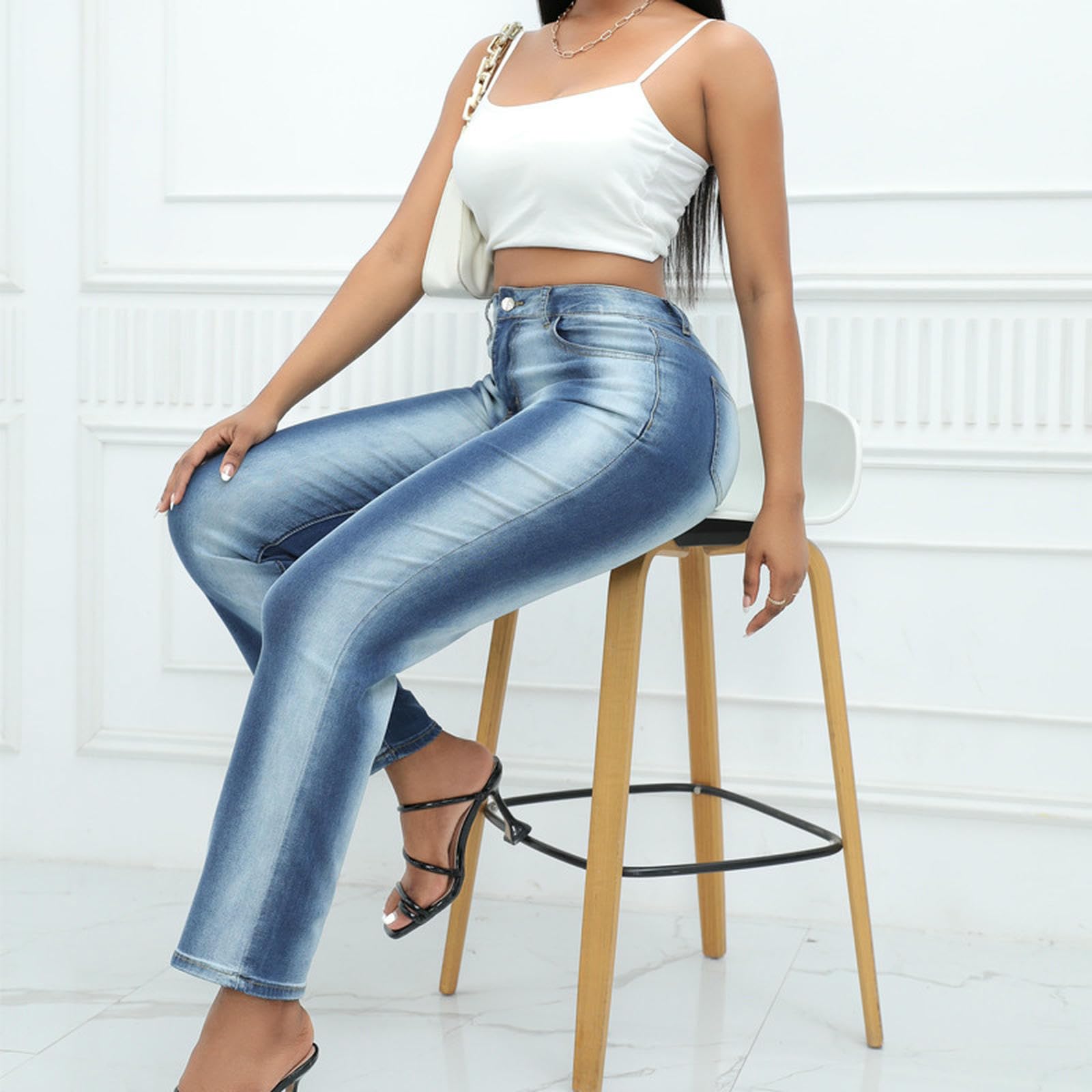 Damskie dżinsy retro gradientowe dżinsy z prostymi nogawkami, slim fit spodnie z długim rękawem podnoszące biodra