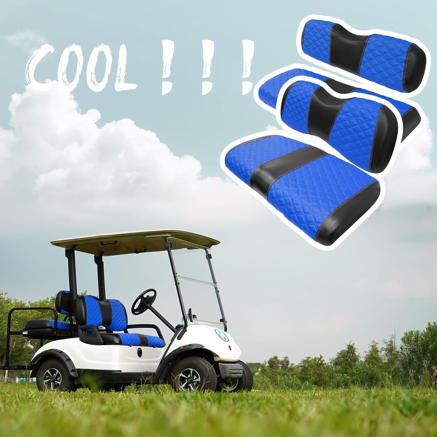 Golf Cart Front and Rear Seat Covers Waterproof and Sun Resistant Marine Grade Vinyl Leather Seat Cover Accessories for Yamaha Drive 2007-2016/Drive 2 2017+,Blue(4PCS)