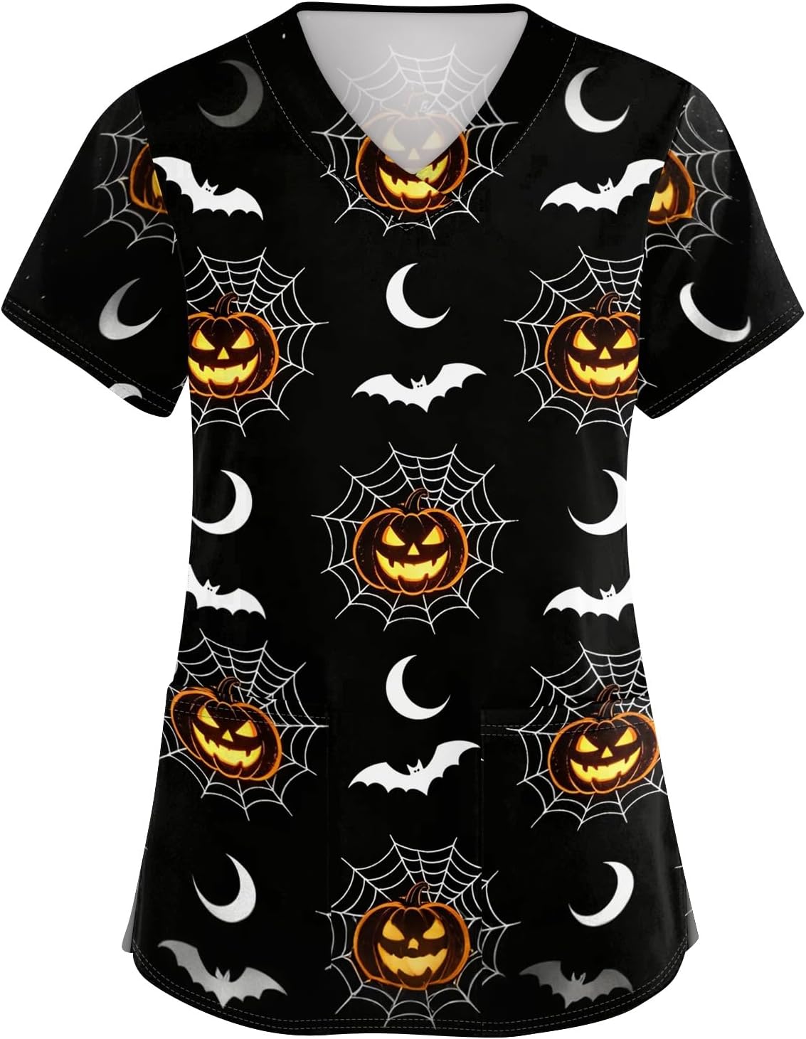Women's Fall Short Sleeve V Neck Halloween Tops, Pumpkin Graphic Shirts with Pockets, S-5XL