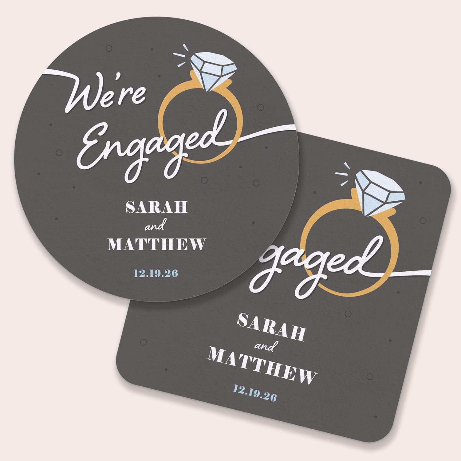 Big Dot of Happiness Personalized Just Engaged Drink Coasters, 4-Inch Disposable Round Paper Coasters for Engagement Party, Custom Funny Cocktail Table Decor for Bar Drinks - Set of 25
