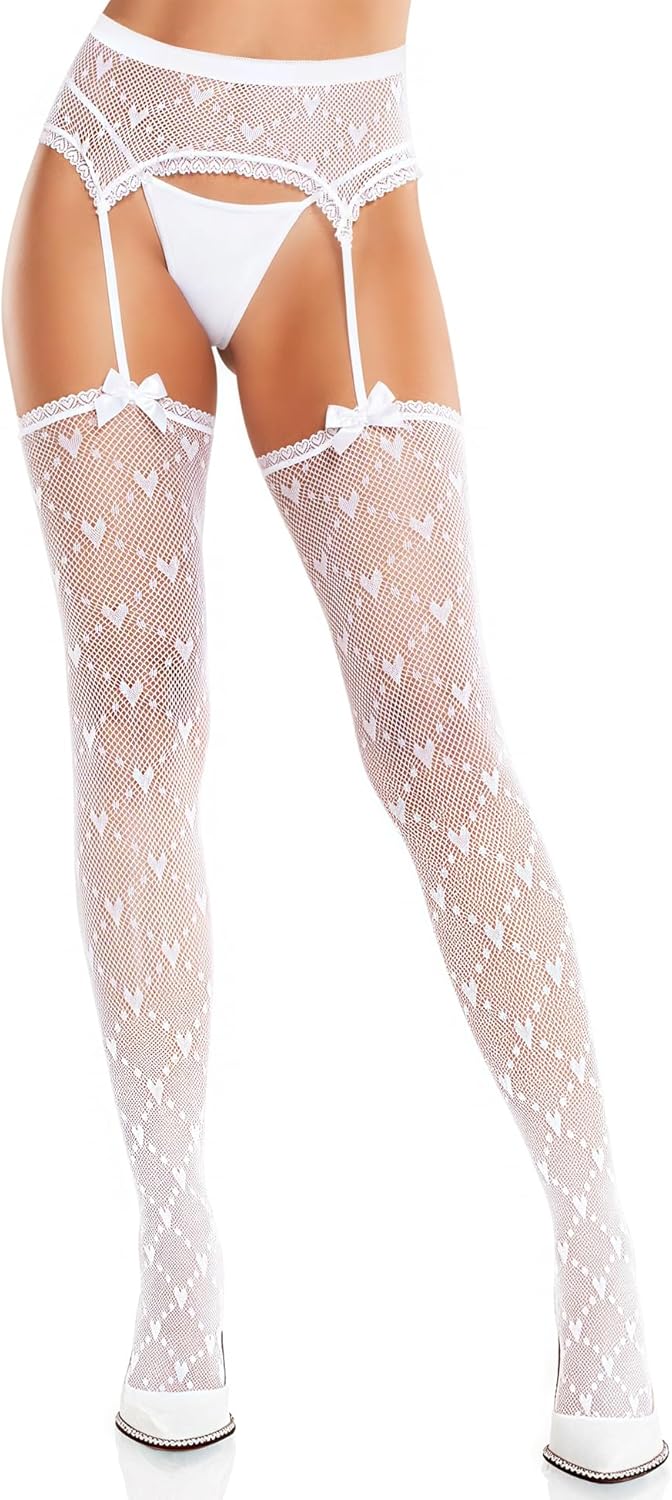 RSLOVE Fishnet Thigh High Stockings - Heart Thigh High Socks High Waist Garter Belt Suspender Pantyhose for Sexy Lingerie