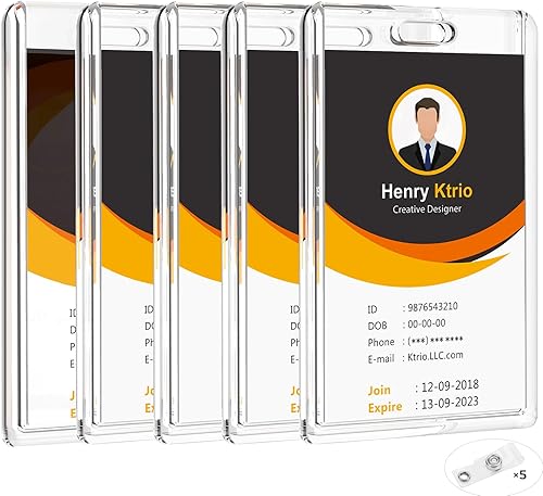 KTRIO Paquete de 5 portatarjetas resistentes para 2 tarjetas, soporte para tarjetas de identificación de acrílico transparente con agujero para el