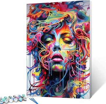 Abstract Women Portrait Paint by Numbers Kits 16x20 inch Canvas DIY Oil Painting for Kids, Students, Adults Beginner with Brushes and Acrylic Pigment Abstract Colorful Graffiti Womanwithout Frame