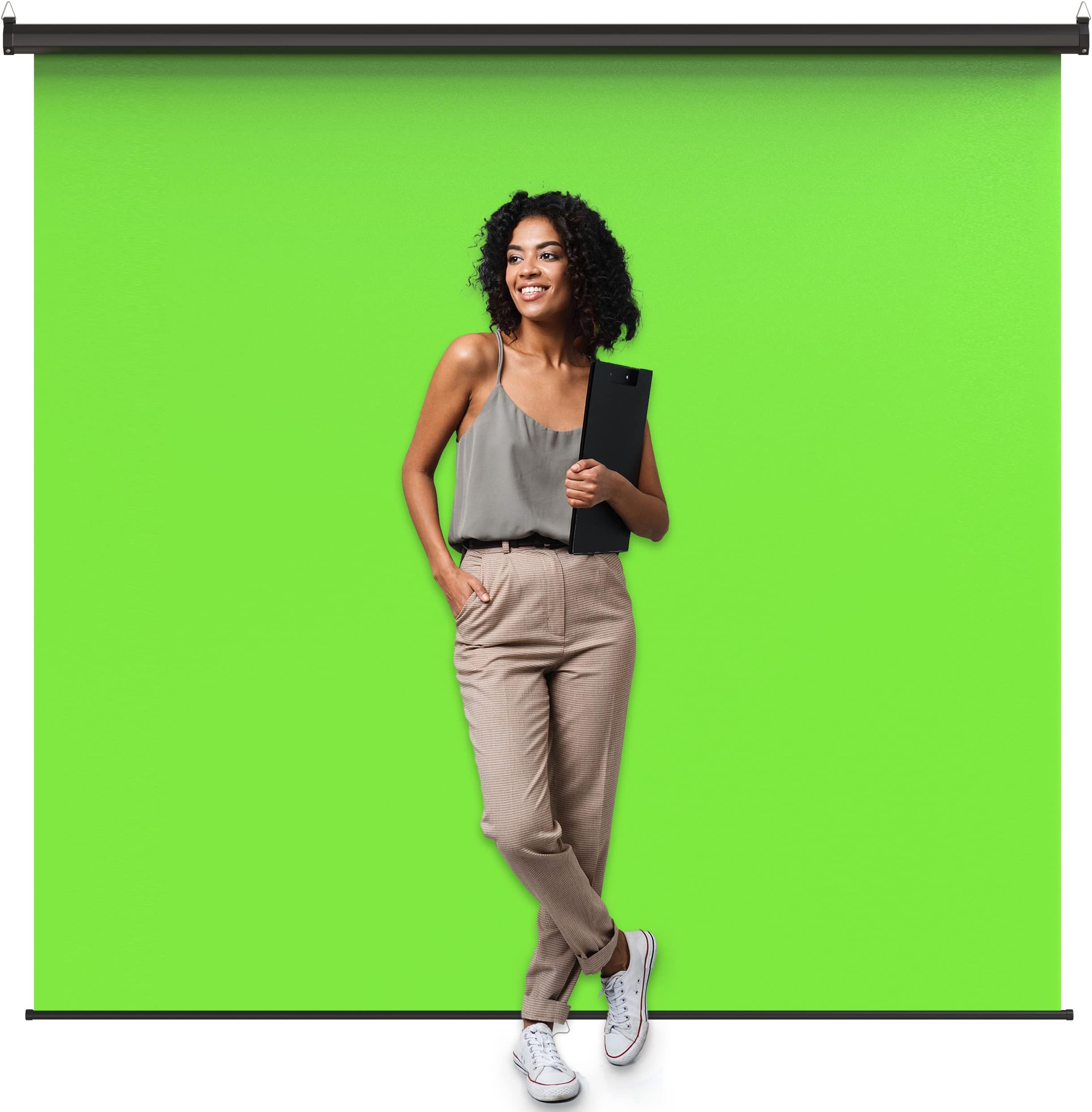【Wider Style】 KHOMO Gear Green Screen 84 x 84 inch – Extra Large Pull Down Backdrop – Portable Collapsible Roll Down Projector Screen – Green Screen for Video, Streaming, and Photography