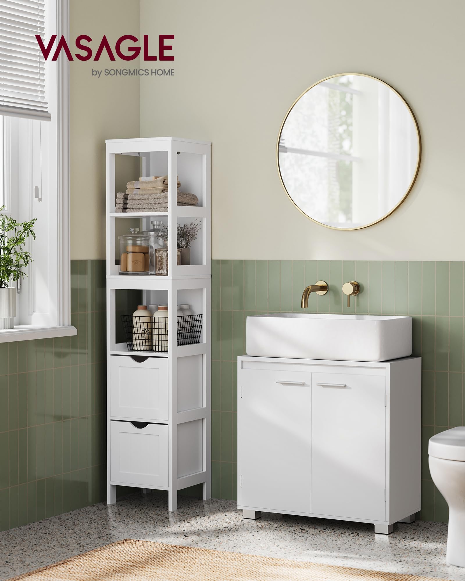 VASAGLE Meuble sous Lavabo, Meuble de Salle de Bain, 2 Compartiments derrière Les Portes, pour Divers Types de Lavabos, avec Pieds, 30 x 60 x 60 cm, Blanc Nuage BBK506W01