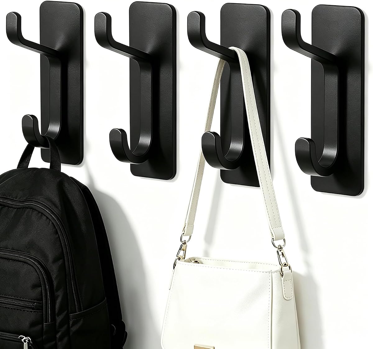 4 Pack Black Stainless Steel Double Wall Hooks, 13LB Strong Adhesive Heavy Duty Stick On Towel Hooks for Bathroom Kitchen Entryway