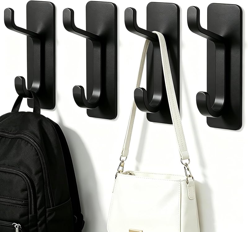 4 Pack Black Stainless Steel Double Wall Hooks, 13LB Strong Adhesive Heavy Duty Stick On Towel Hooks for Bathroom Kitchen Entryway