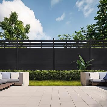 Semi-Closed Privacy Fence Panel, In-ground Fencing with Post for Outside, 6ftW x 6ftH, Wind Resistant Wood Plastic Composite Fencing Panels for Patio, Backyard, Garden Black with 1 Post