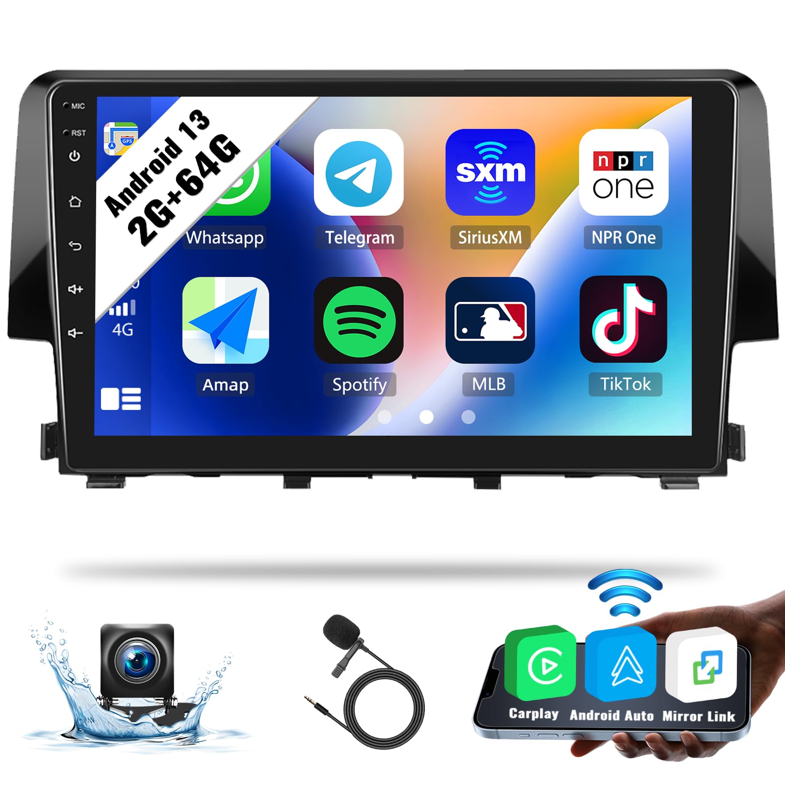 SIXTOP Android Car Stereo For Honda Civic 2016-2020 – 9" Touchscreen, 2+32GB, Wireless CarPlay & Android Auto, GPS, Backup Camera