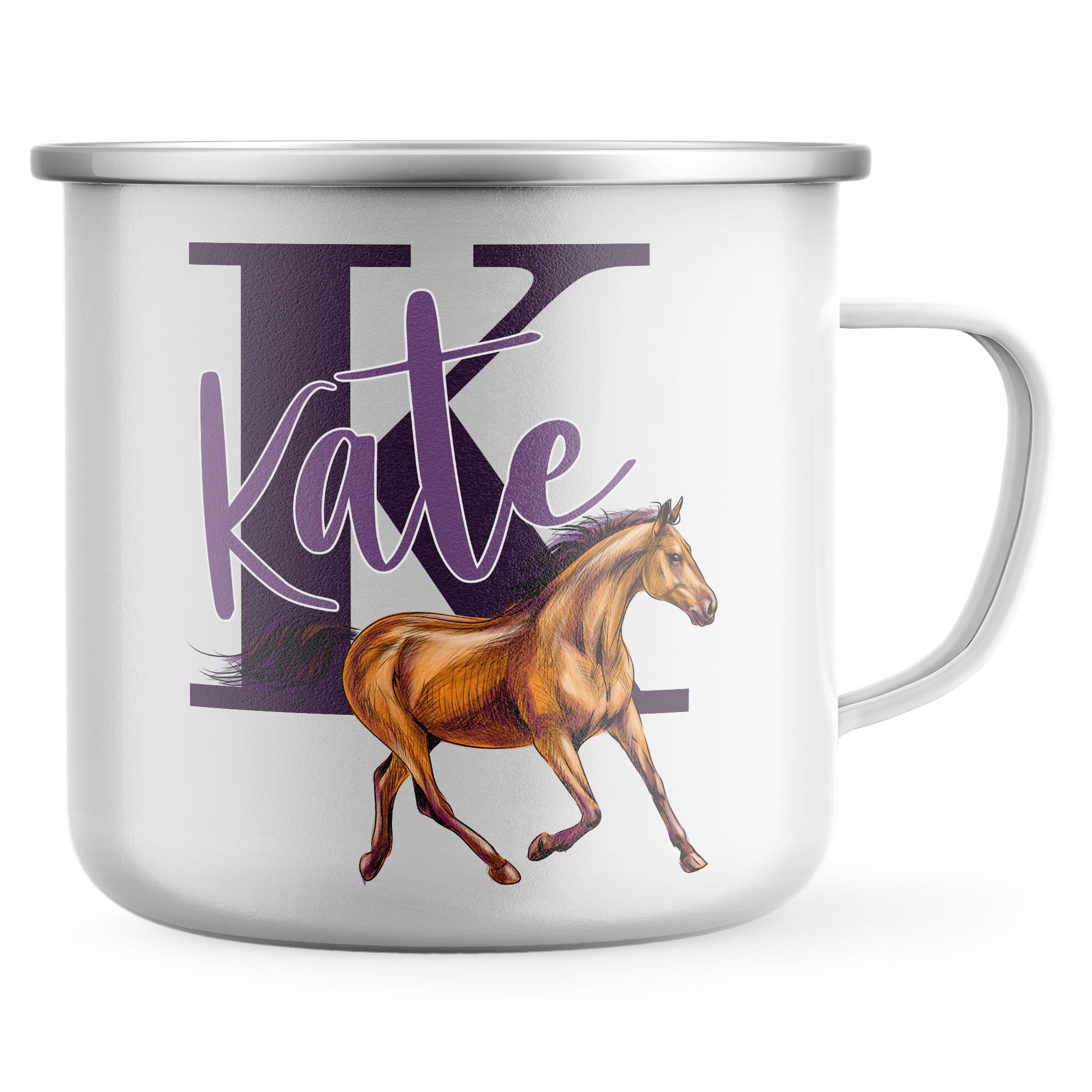 Purple Print House Womens Personalised Horse Enamel Mug Ladies Custom Equestrian Tea Coffee Metal Cup Horseriding