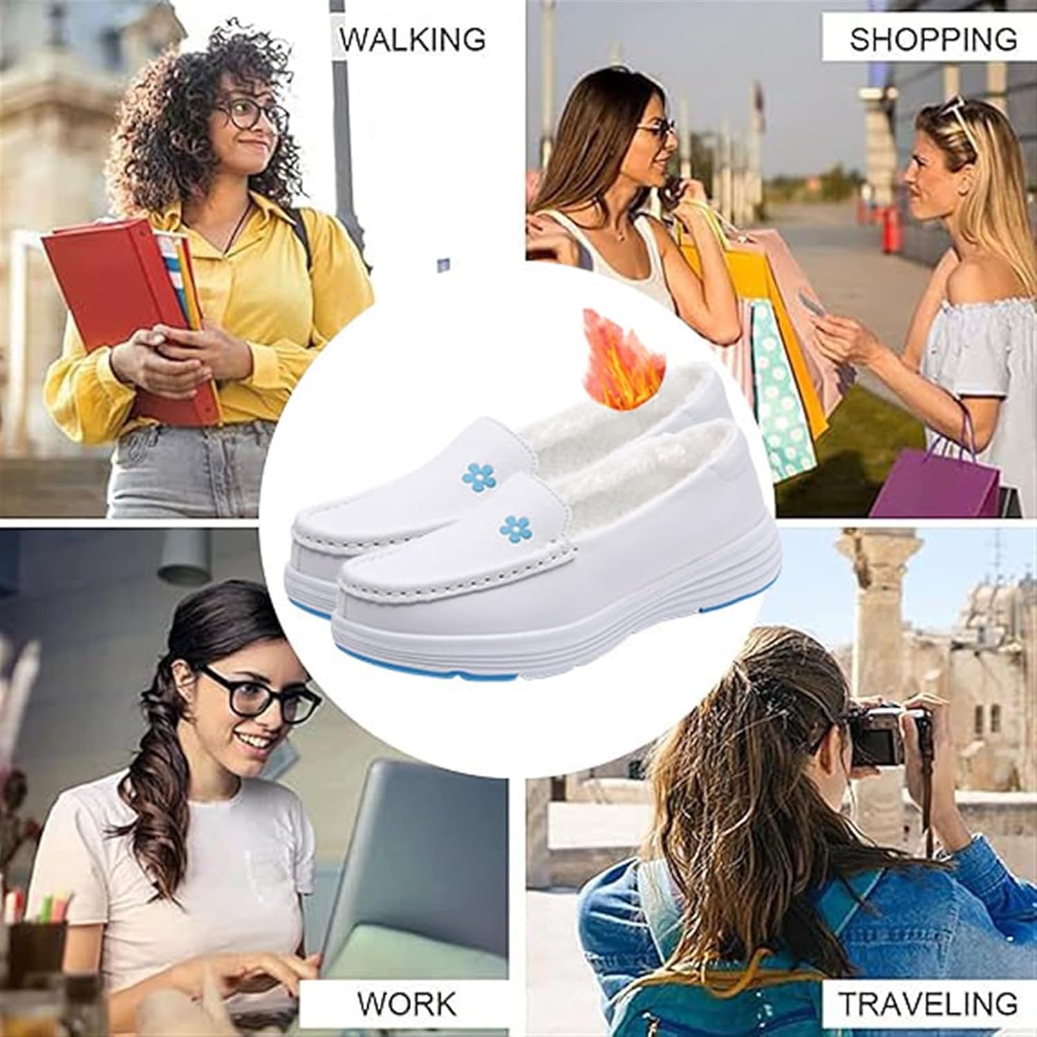 Women Casual Nurse Sneakers, Winter Womens White Plush Slip on Nursing Shoes, Fashion Comfort Non-Slip Working Flats, for Hospital, Nurse Doctors, Healthcare Providers