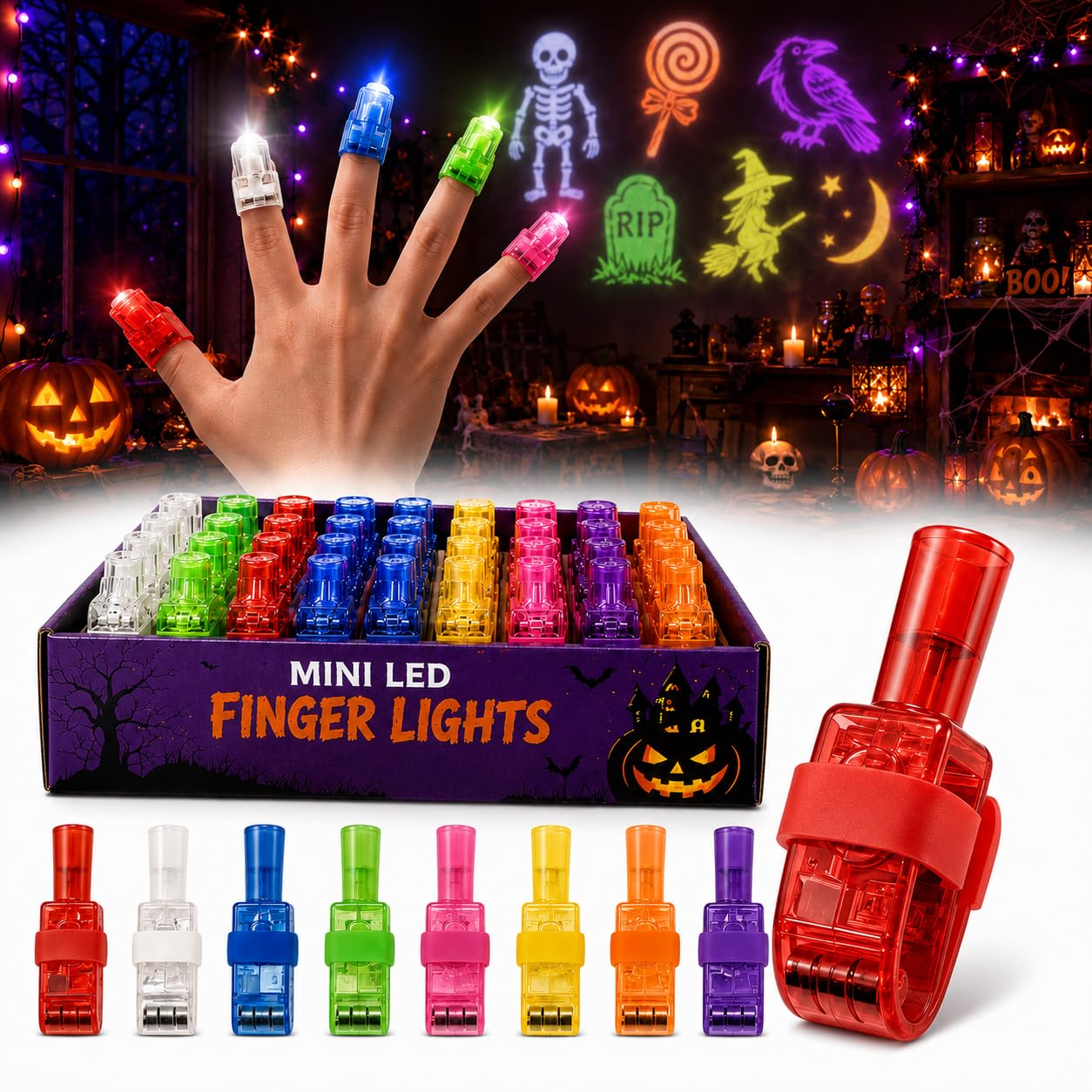 Halloween Finger Lights 48PCS, Random Pattern Mini LED Projector Rings