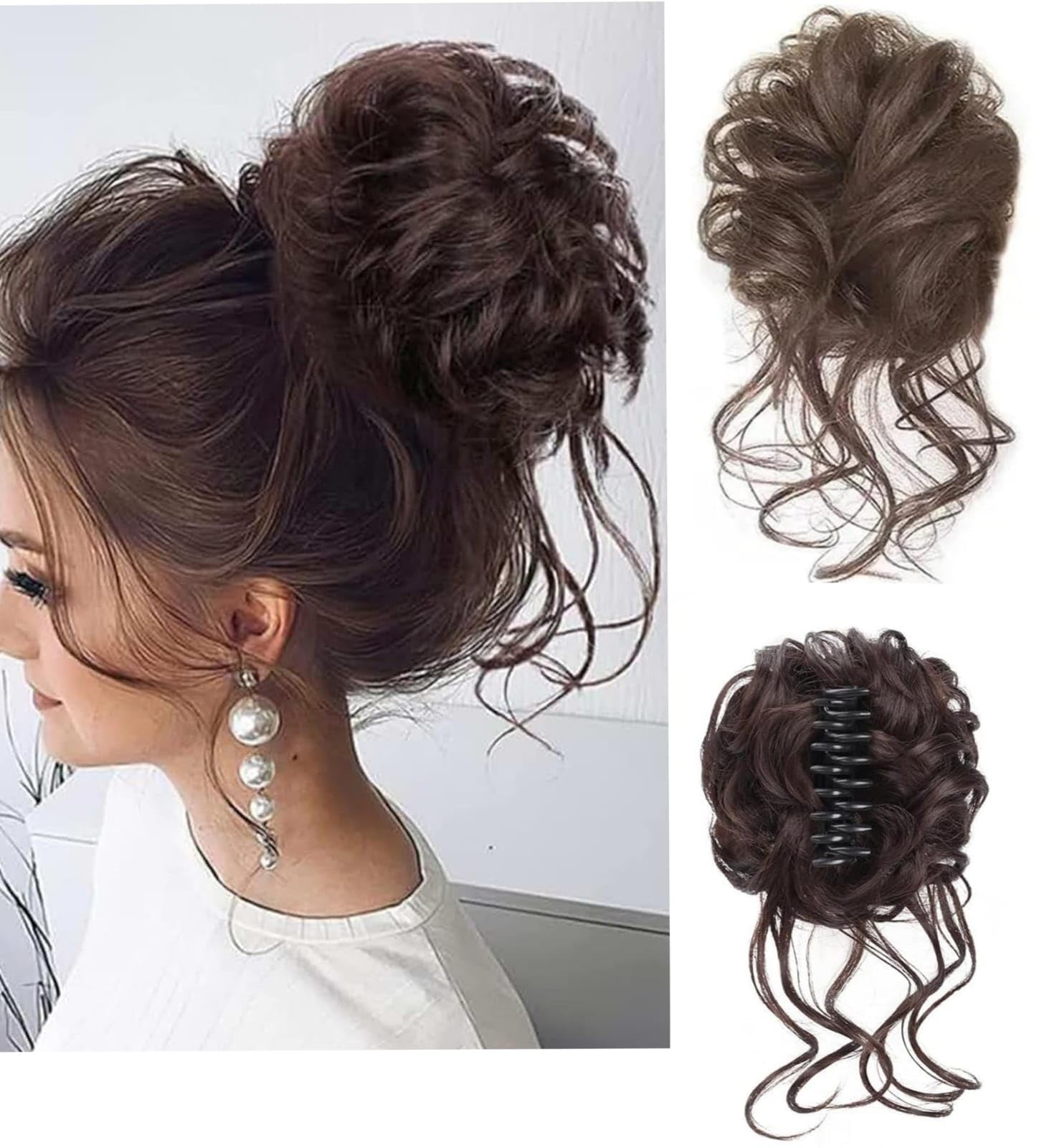 HAIR WALA™ Claw Synthetic Hair Bun Messy Curly Wavy Hair Bun Chignon Hair Pieces Extension Claw Ponytail Hair Bun Hair Ring Wrap For Women Updo Hairpiece, Brown (4#)