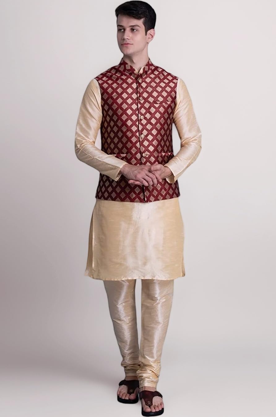 Uri and MacKenzie Men's Silk Blend Kurta Pajama with Designer Ethnic Nehru Jacket/Modi Jacket