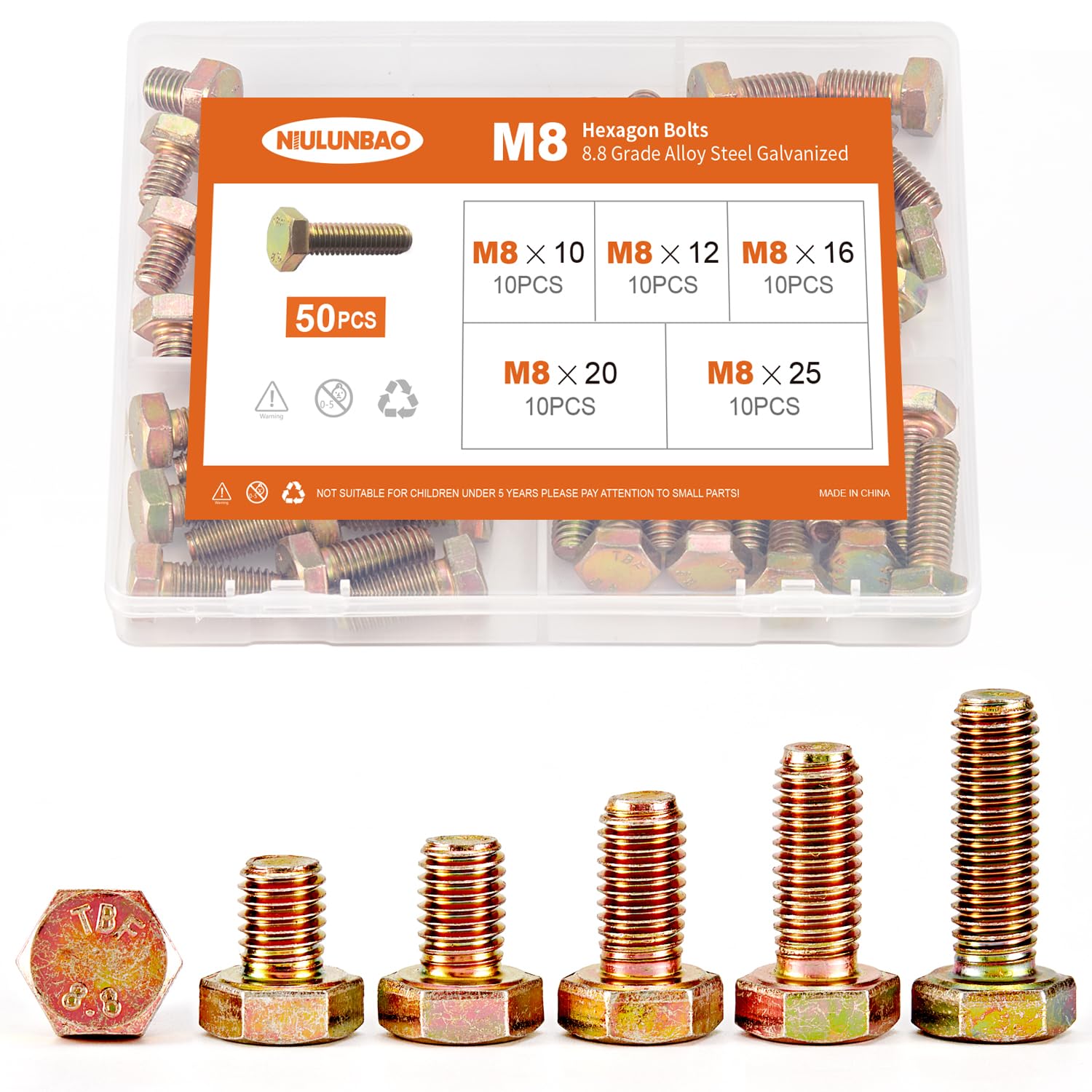 NIULUNBAO M8 x 10mm 12mm 16mm 20mm 25mm Heavy Duty Hexagon Bolts Hex Head Screws, 8.8 Grade Alloy Steel, Galvanized Finish, Machine Fully Thread,