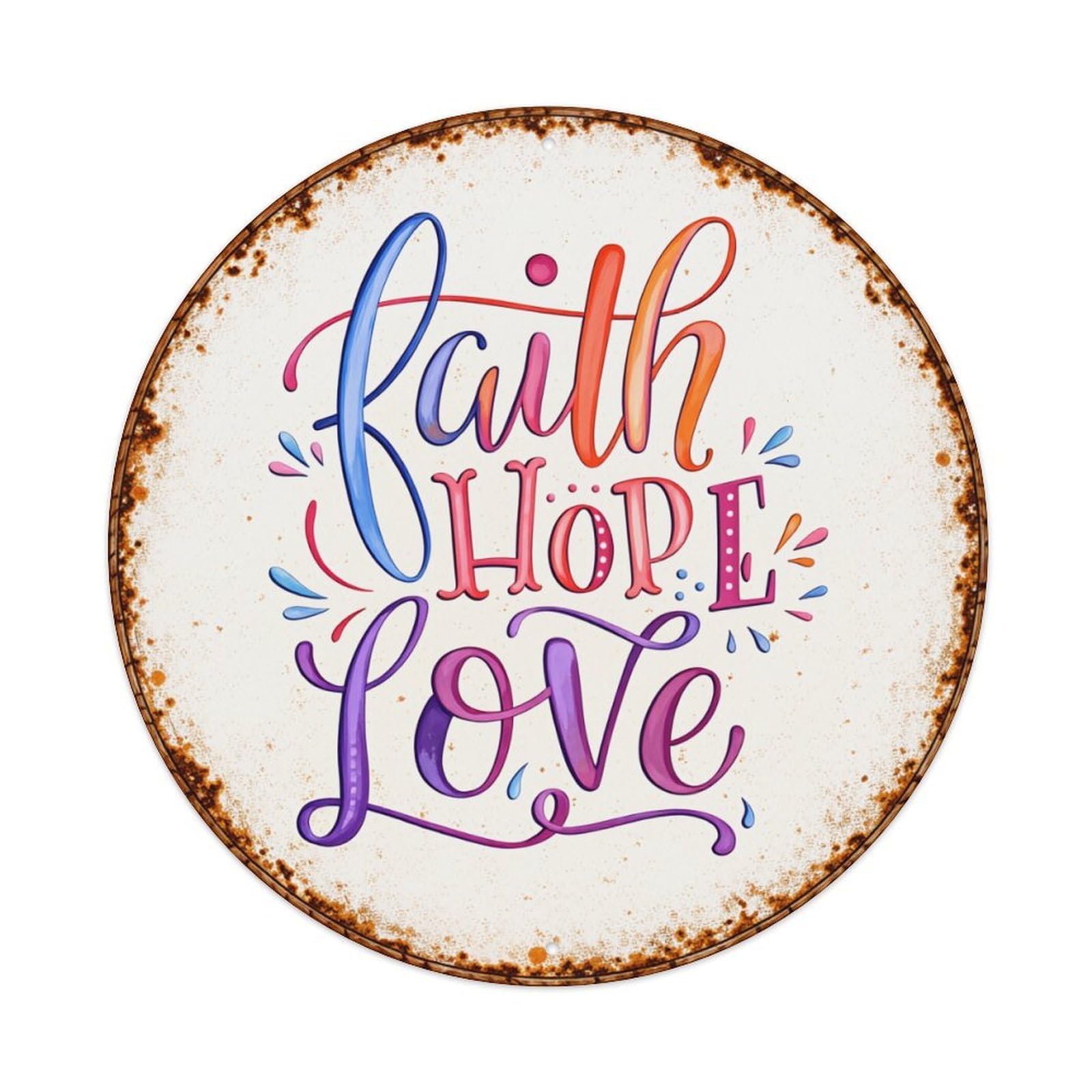 Faith Hope Love Art Print Round Tin Sign Vintage Metal Poster, Home Bar Garage Man Cave Cafe Indoor & Outdoor Wall Decoration 8x8Inches