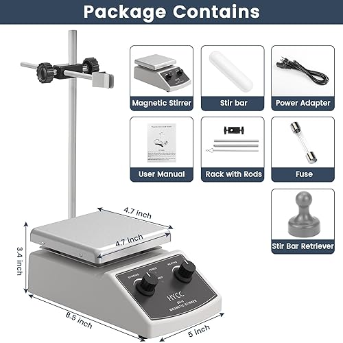 Miniatura 4 de HYCC Agitador magnético Placa caliente Max 520, 100-2000RPM Placa caliente con agitador magnético, agitador magnético de 67.6 fl oz, barra de