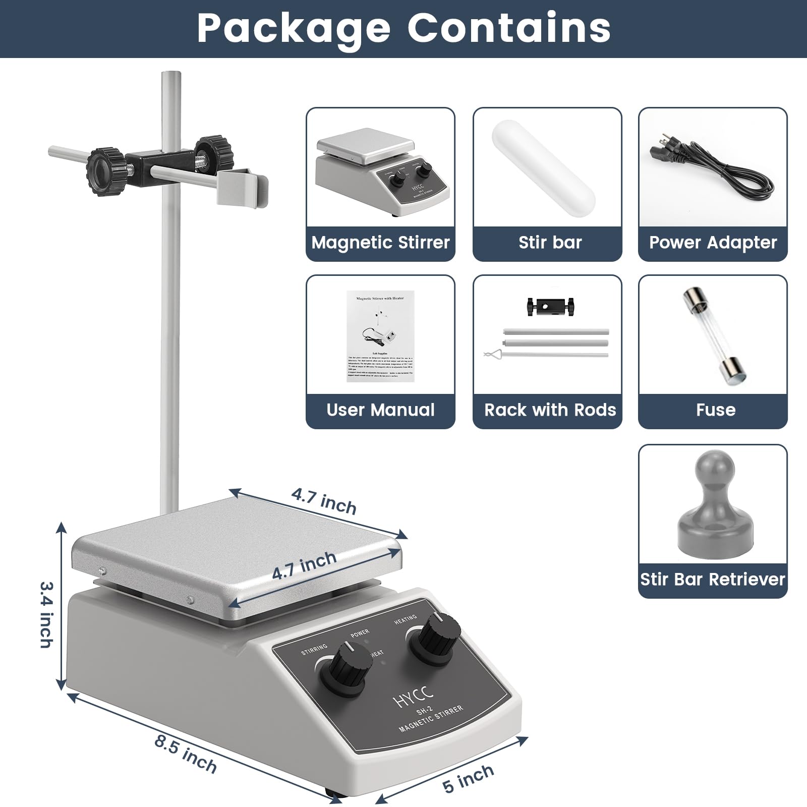 HYCC Agitatore magnetico con piastra riscaldante max 520℉, 100-2000 giri/min, 2000 ml, con barra di agitazione magnetica, dispositivo di recupero barra di agitazione