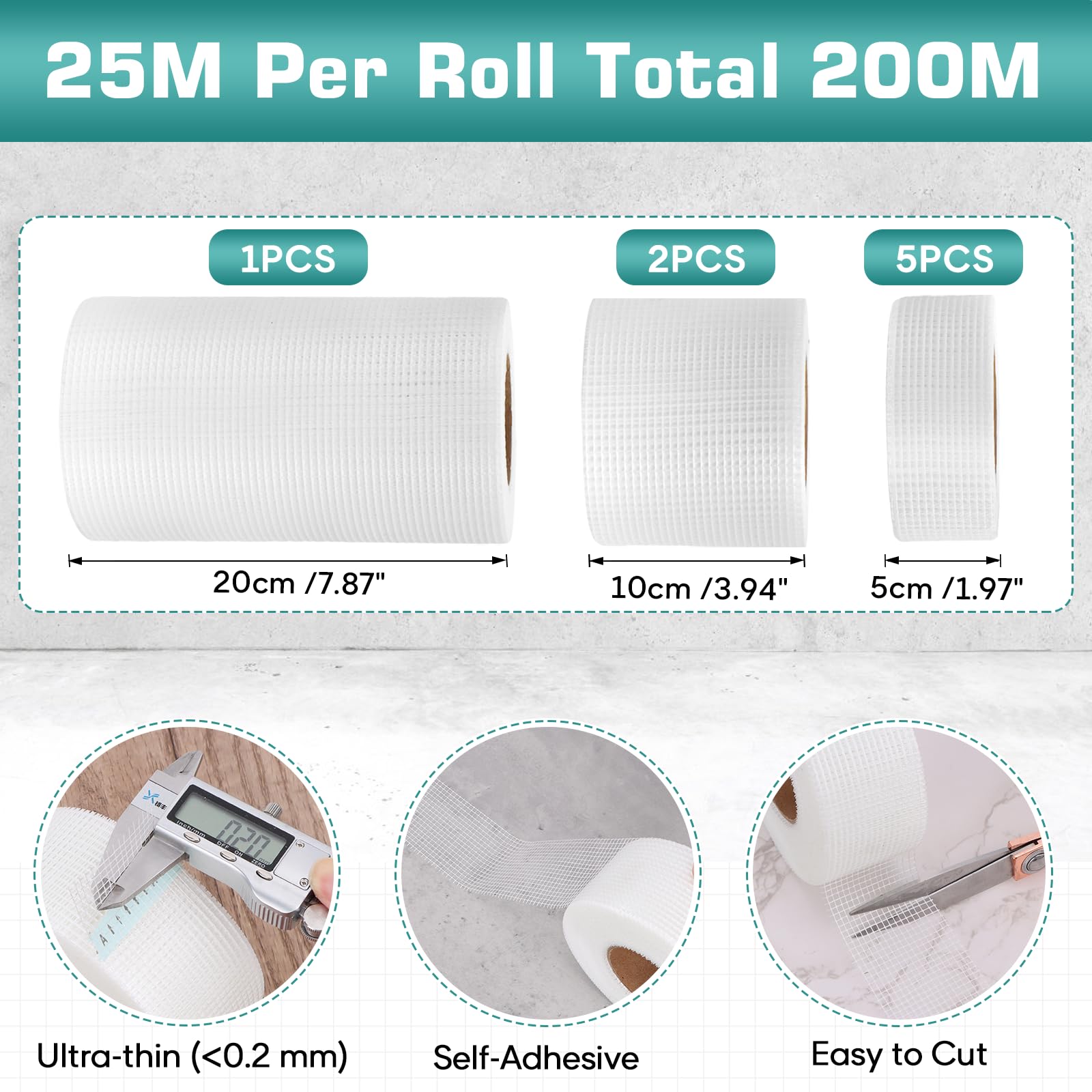 8 rotoli di nastro autoadesivo, in fibra di vetro, per lavori di riparazione e stucco, 3 misure 5 cm x 20 m, 10 cm x 20 m, 20 cm x 20 m, 20 m