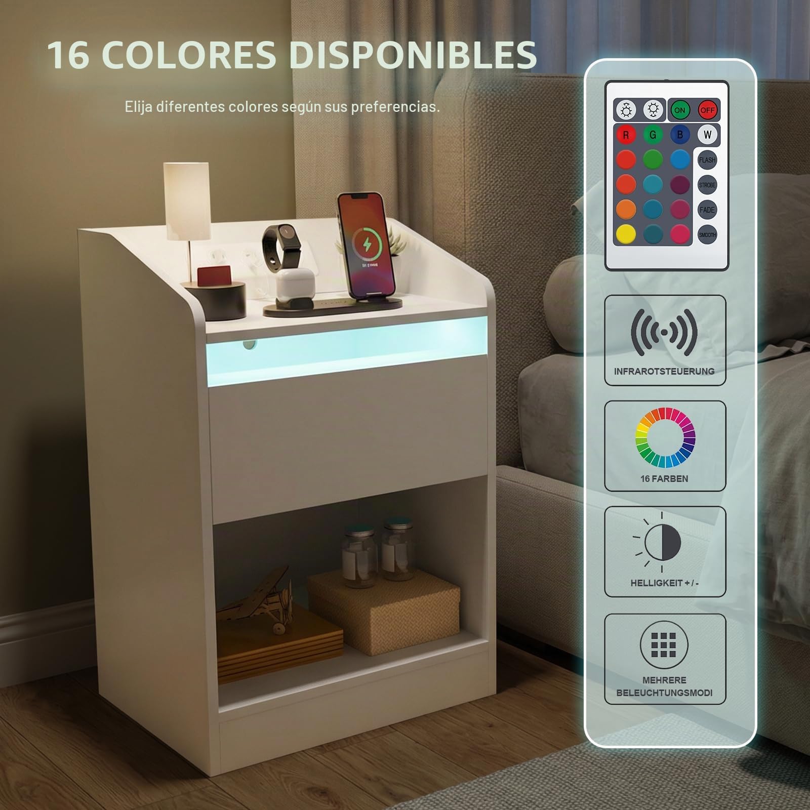 DATO Mesita de noche con iluminación LED y estación de carga (2 enchufes CA, 2 puertos USB), mesilla de noche con cajones, mesa auxiliar moderna, mesa de sofá para salón dormitorio (NS19)