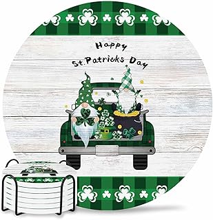 Coaster for Drinks 6 Pack,St. Patrick's Day Dwarf Truck Absorbent Round Ceramic Stone with Cork Base and Metal Holder,Retro Wood Buffalo Green Clovers Plaid Cup Mats for Home Dining Coffee Tables