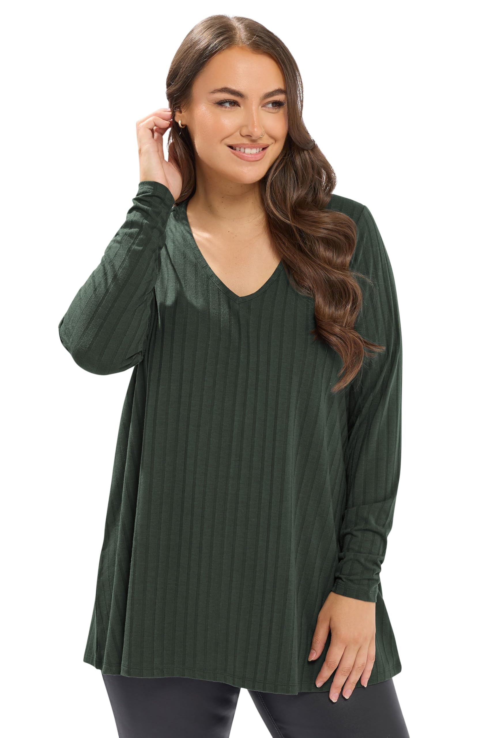Yours Women's Khaki Curve Green Ribbed Swing T-Shirt - Plus Size Curve