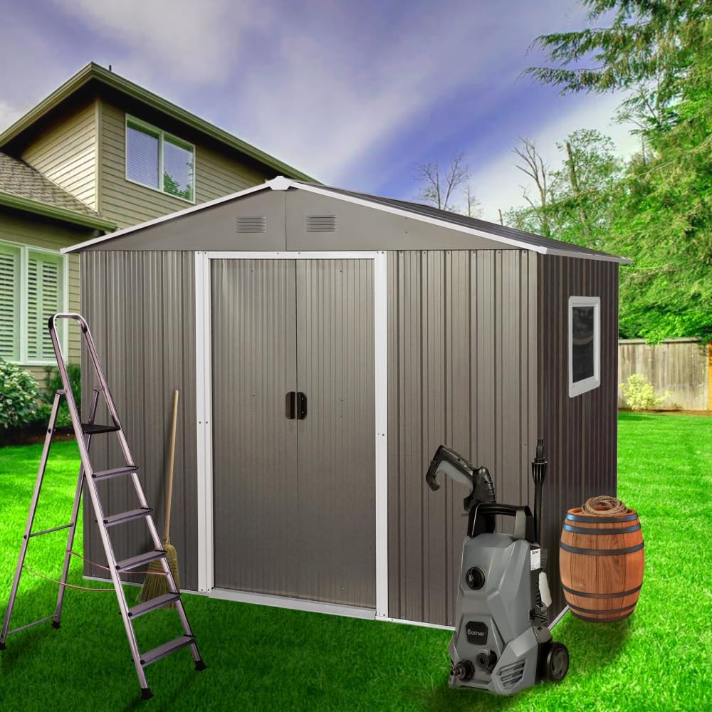 Heavy-Duty 8ft by 6ft Metal Garden Storage Building Kit with Lockable Sliding Door, Shelves, and Ventilation for Outdoor Tools and Equipment, Easy Assembly
