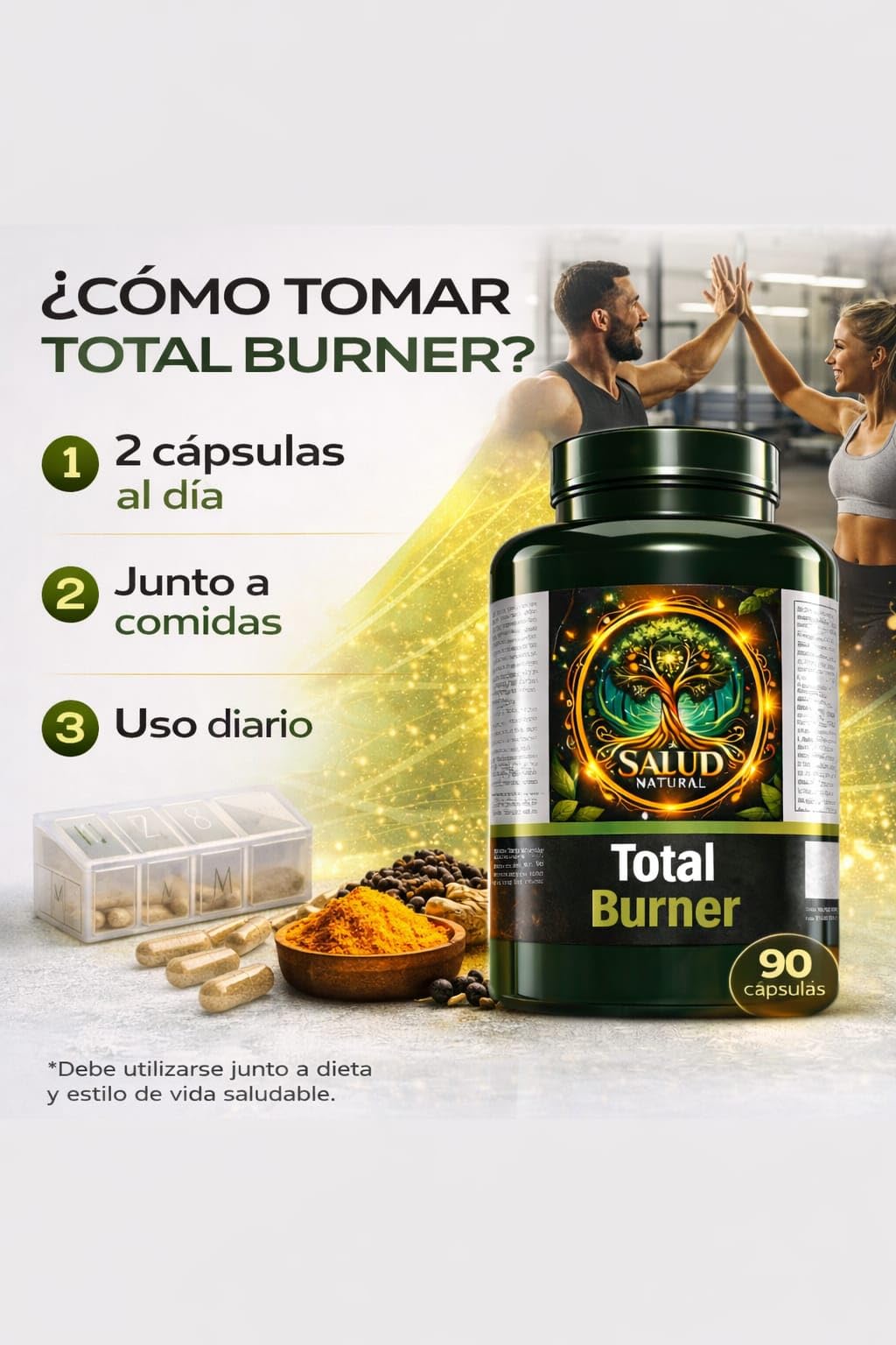 Quemador de Grasa Natural Total Burner Salud Natural, 90 Cápsulas | Control del Apetito y Metabolismo, Energía sin Estimulantes Fuertes, Apoyo Definición y Pérdida de Peso