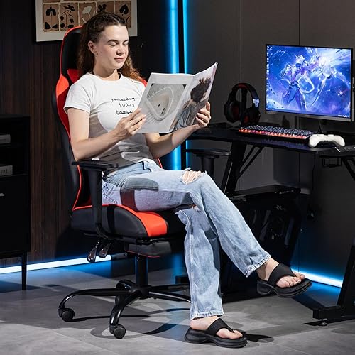 Miniatura 2 de Silla de videojuegos, silla de videojuegos con reposapiés, silla de computadora de masaje con piel sintética, soporte lumbar para hombres y mujeres,