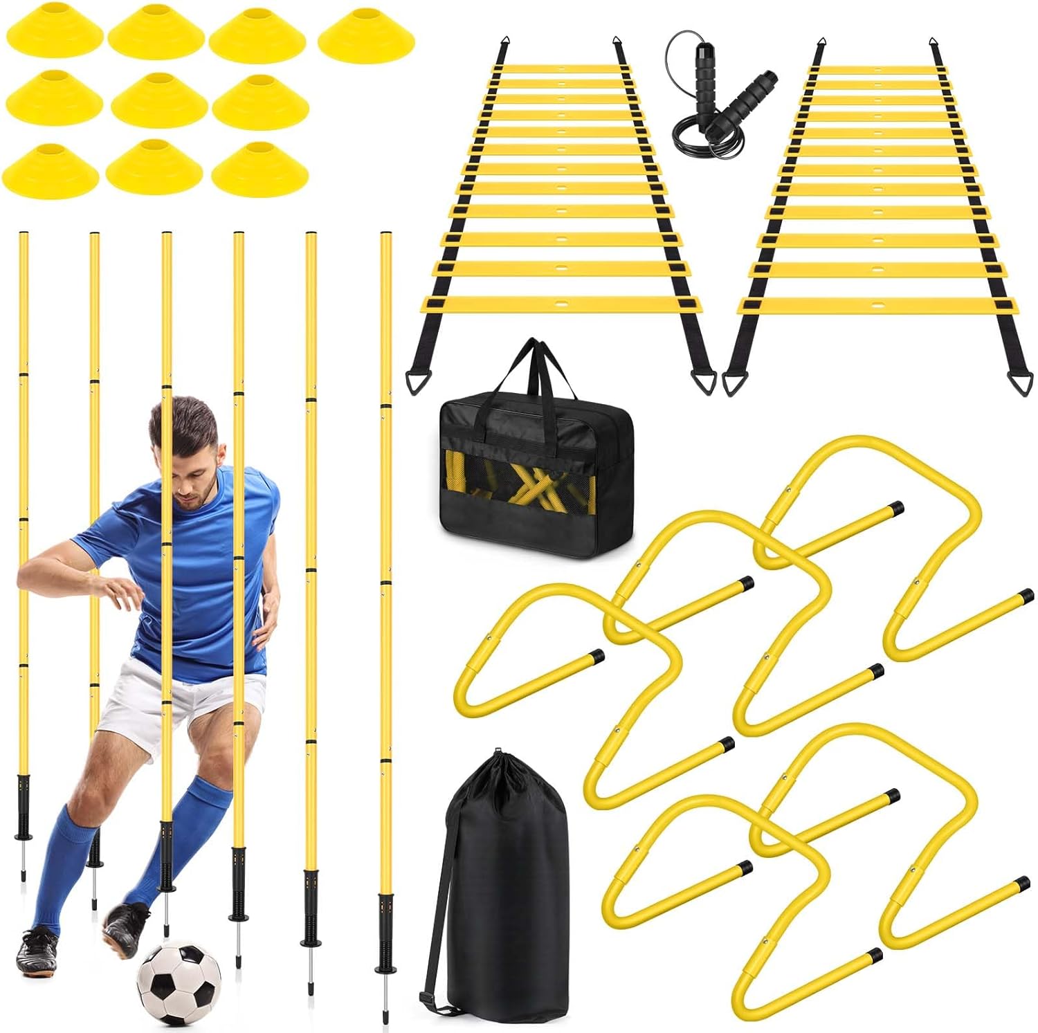 Soccer Agility Training Equipment: 5 Adjustable Hurdles, 6 Soccer Agility Poles, 2 Agility Ladder, 10 Cones, Jump Rope