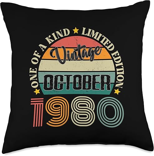 44 Year Old Vintage October 1980 44th Birthday Retro Throw Pillow, 18x18, Multicolor