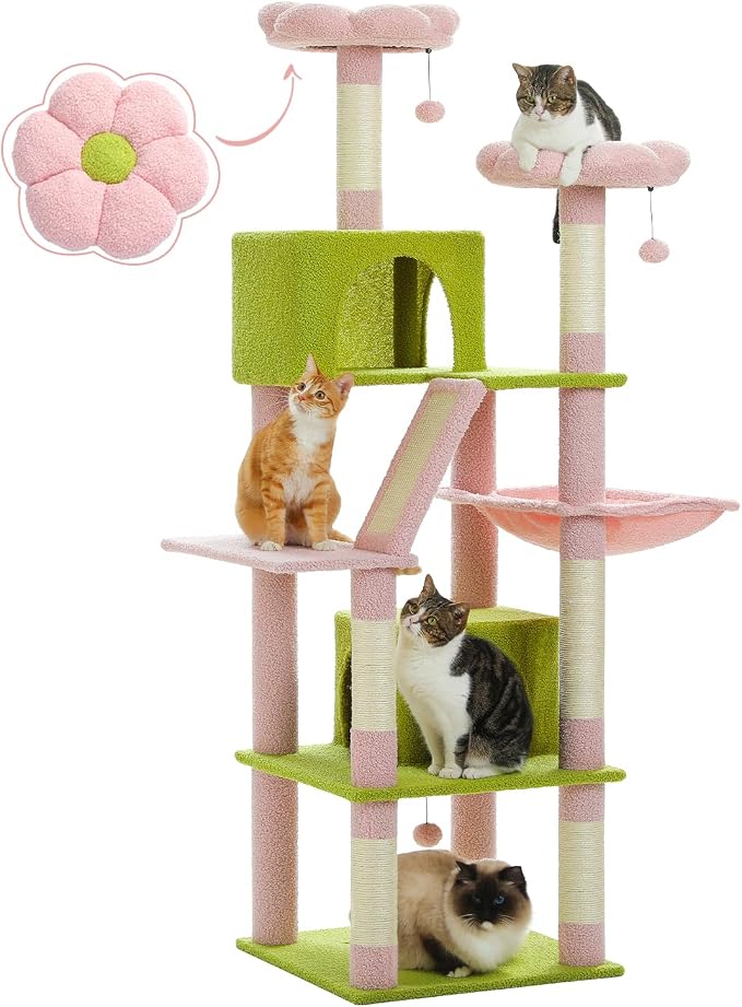 Flower Cat Tree, 70.9" Tall Cat Tree for Indoor Cats, Large Cat Tree for Large Cats, Multi-Level Tall Cat Tower with 6 Scratching Posts, 2 Cat Condos, 2 Perches, Large Hammock, Pompoms, Pink