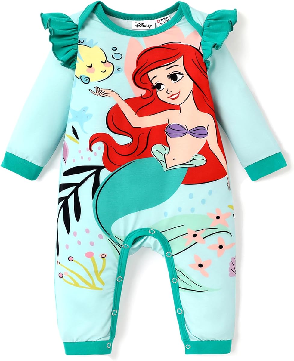Disney Stitch Princess Minnie Winnie Marvel Baby Girls Ruffle Long Sleeve Romper Footie Outfit for Newborn to Toddler