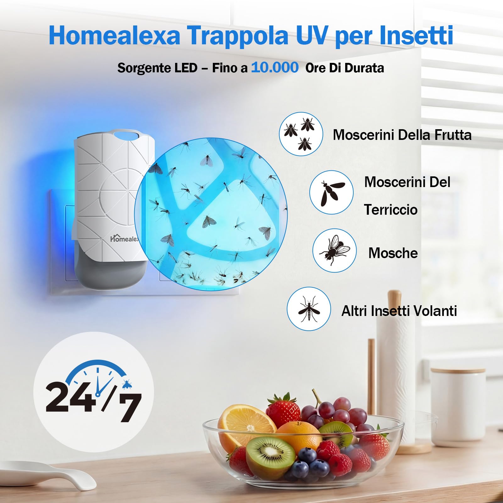 Homealexa Trappola per Moscerini della Frutta LED UV, Trappola Insetti Elettrica contro Moscerini, Mosche e Falene, Spina Rotante 180°, con 6 Ricariche, per Cucina e Casa